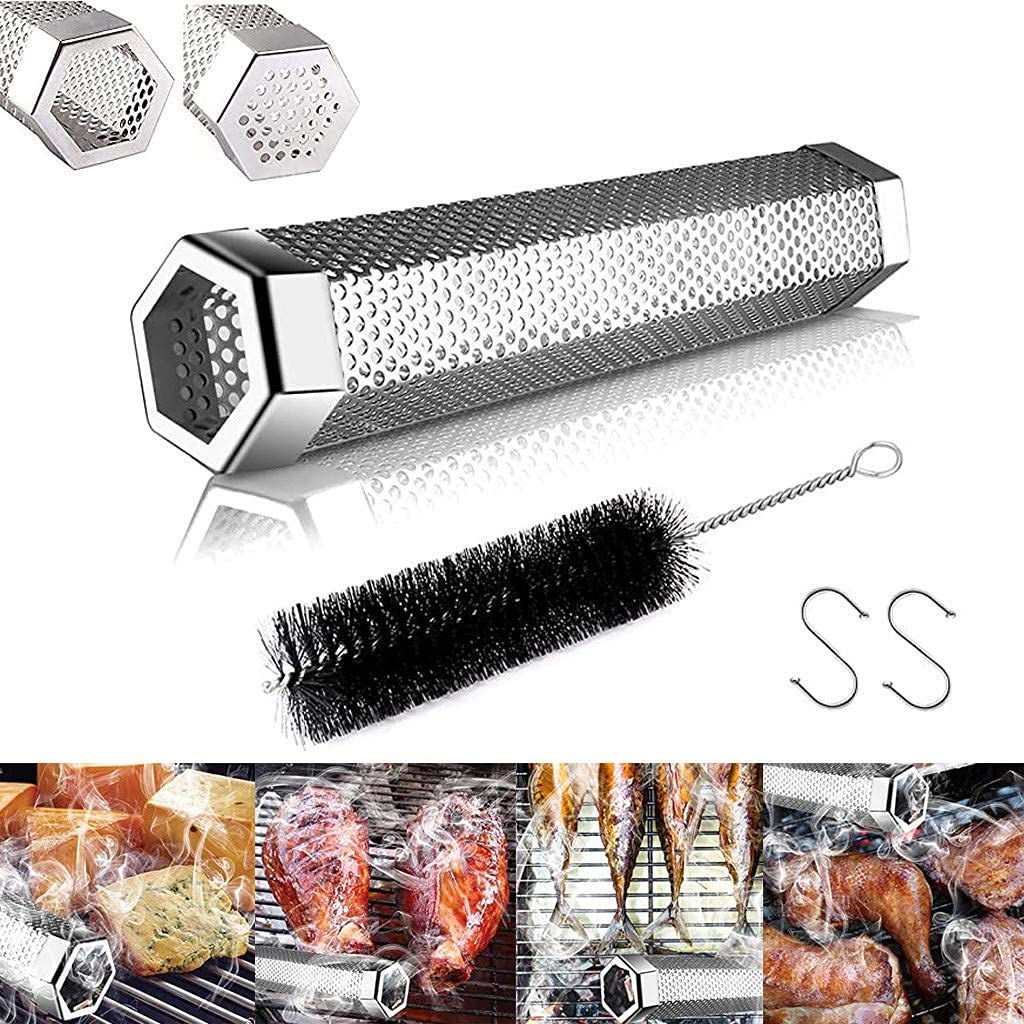 MEETOZ Pellet Smoker Tube, 12'' Stainless Steel BBQ Wood Pellet Tube Smoker for All Grill Electric Gas Charcoal or Smokers - Ideal for Smoking Cheese Nuts Steaks Fish Pork Beef