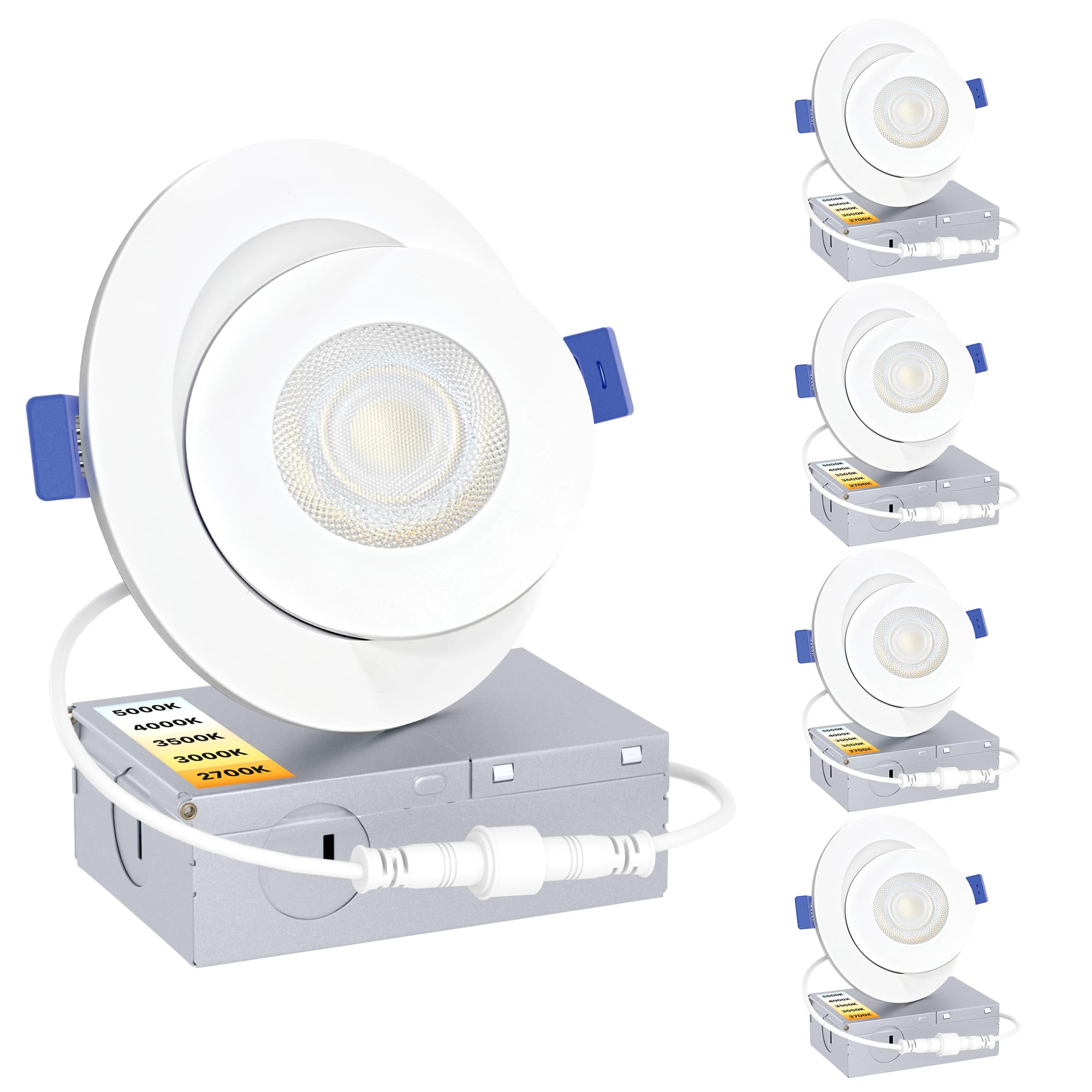 Photo 1 of Ensenior 4 Pack 4 inch Gimbal Led Recessed Light with Junction Box, 90° Adjustable Directional Eyeball Lighting, Dimmable, 2700K/3000K/3500K/4000K/5000K, 900LM, 9W=100W-FCC Certified