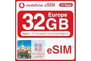 GIFFGISS Vodafone Europe Prepaid eSIM Card - 32GB Data in 5G/4G/LTE in Europe and UK for 14 Days - Support Hotspot and Data Tethering for iPhone/Android - Covering Spain, Italy, Portugal, Greece, Switzerland