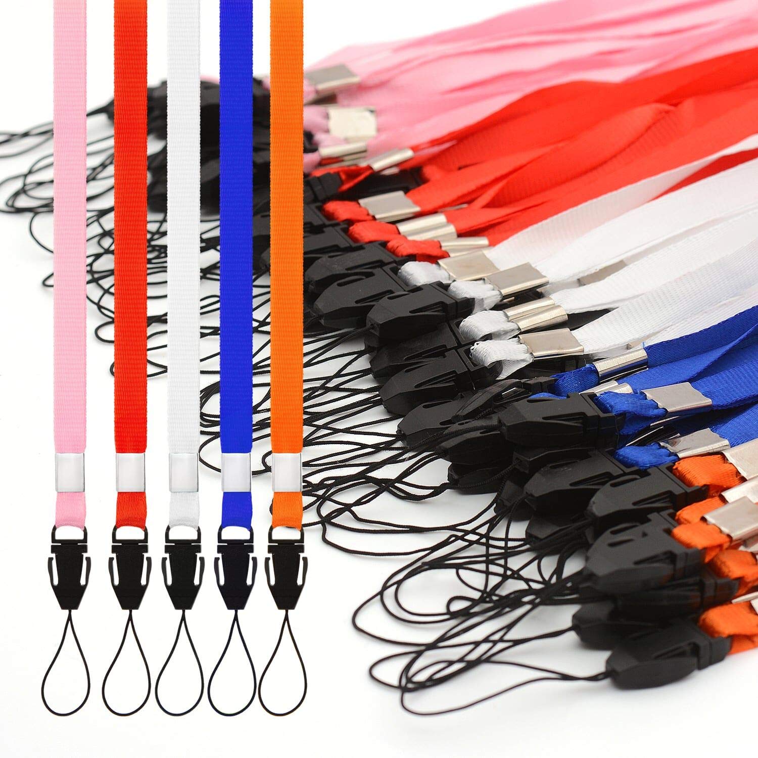 CKB Ltd 50 x Mixed Colour Pack Lanyard Neck Strap ID Card Badge/Mobile Phone Holder - Multicoloured Pack Five Polyester Colours Orange, Pink, Blue, White, Red Color For Schools, Events, Businesses