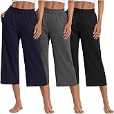 Sweetyweee 3 Pack Women's Wide Leg Capris Loose Cropped Yoga Pants Elastic Soft Sweatpants Capri Trousers with Pockets