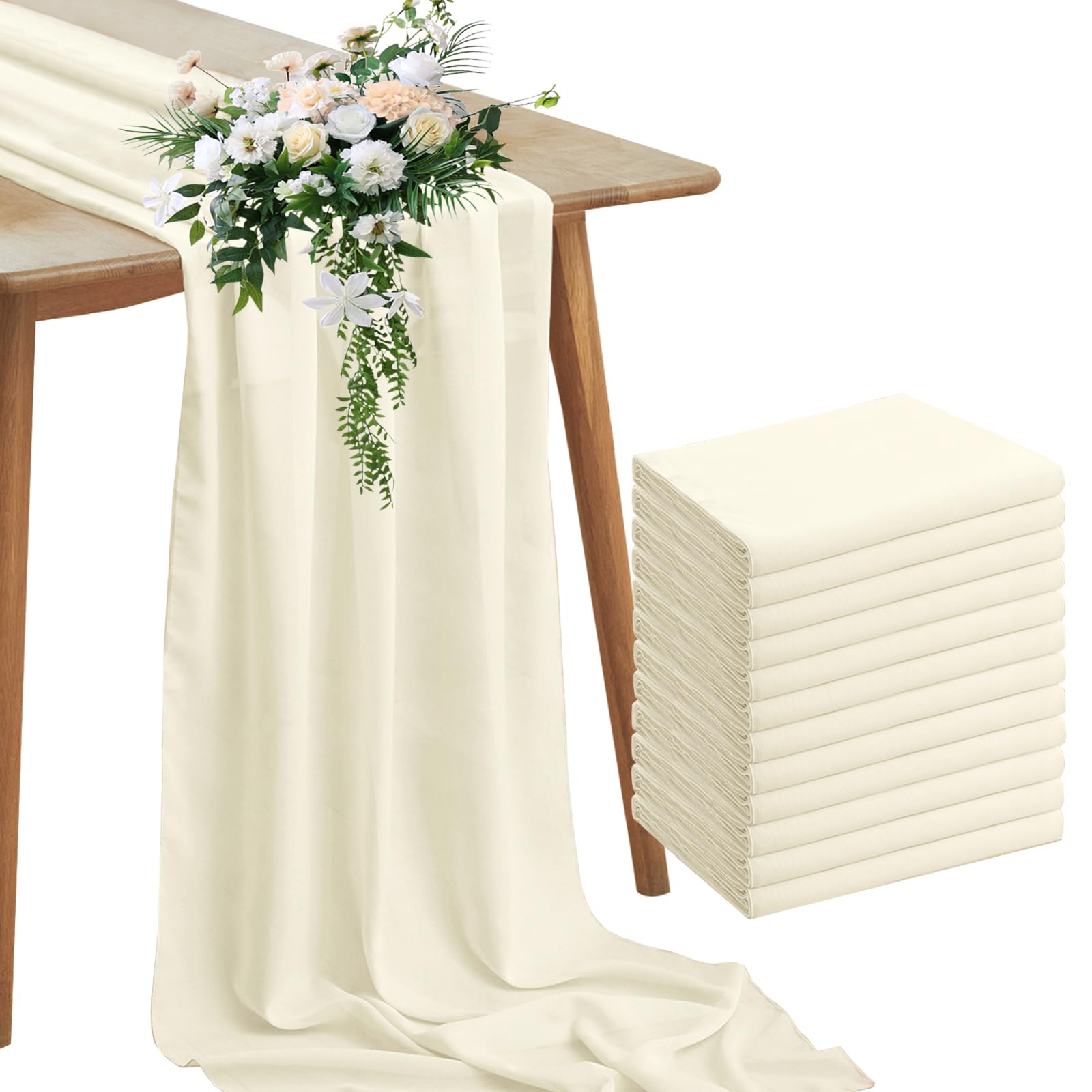 Photo 1 of Horbaunal 12 Pack Ivory Chiffon Table Runners 10FT Sheer Chiffon Runner 29x120 Inches Romantic Boho Rustic Table Runner for Wedding Party Bridal Baby Shower Table Decorations