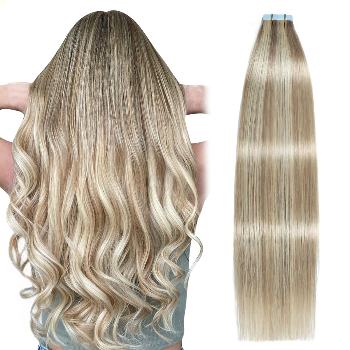 SUYYA Tape in Hair Extensions Human Hair 20 Pcs 40g Invisible Tape Hair Extensions Straight Seamless Skin Weft Tape Extensions Real Human Hair 12 Inches #P18/613 Ash Blonde Highlighted Bleach Blonde — image 1