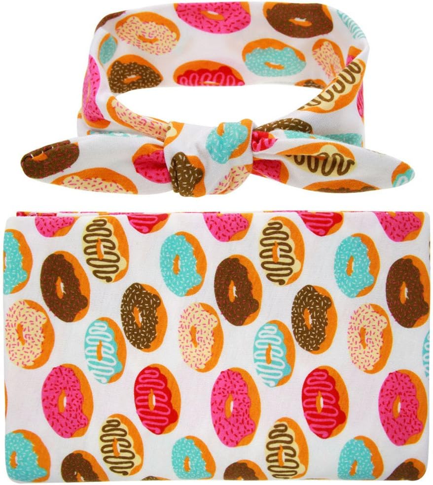 Unisex Baby Swaddle Blanket with Multicolored Pattern Elastic Rabbit Ear Headband Bow Headwrap Suit