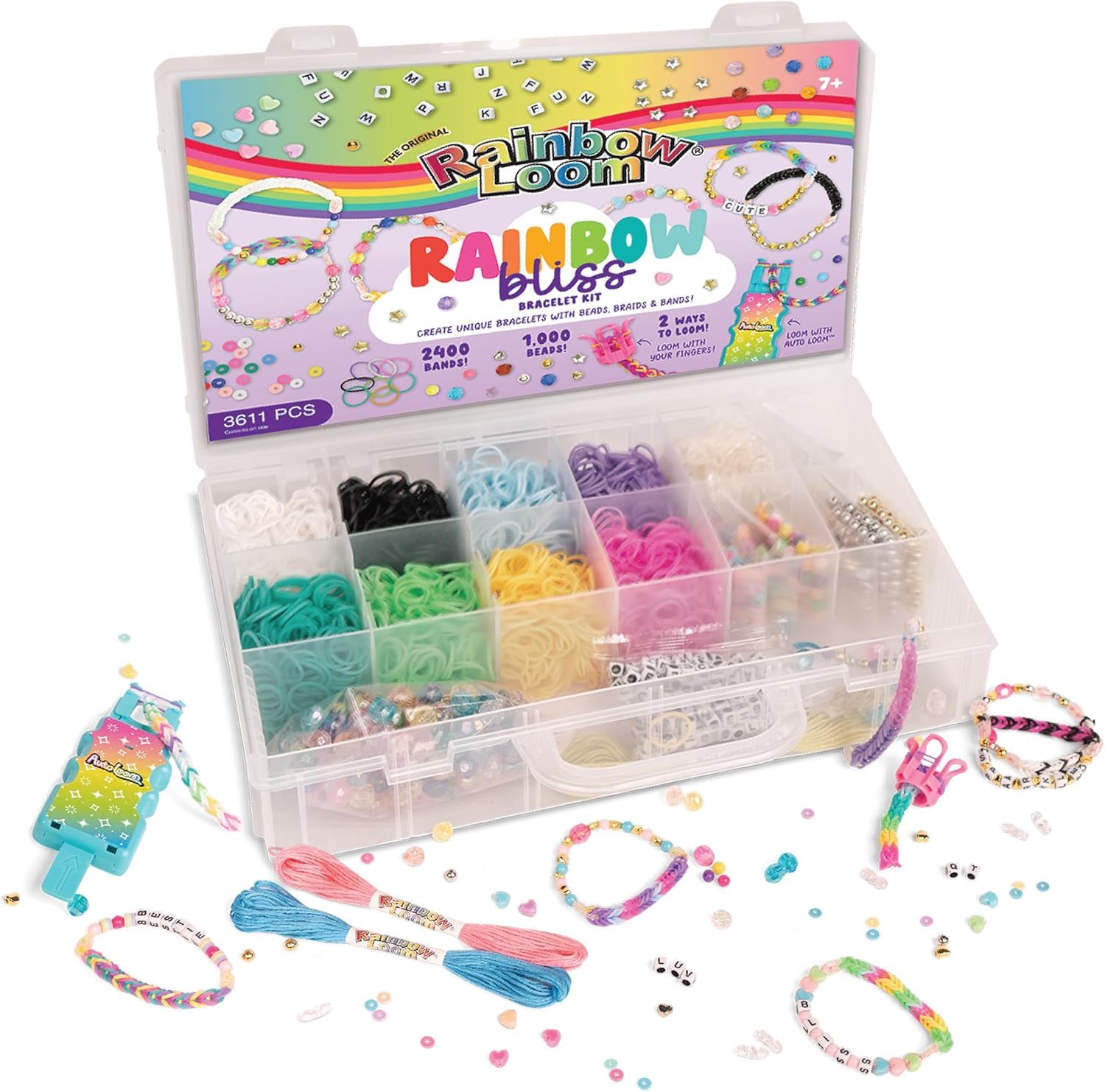Rainbow Loom: 2,400 Bands & 1,000 Beads AutoLoom Rainbow Bliss Kit with AutoLoom & Finger Loom – DIY Braid & Bead Bracelet Jewelry Making Set for Kids 7+