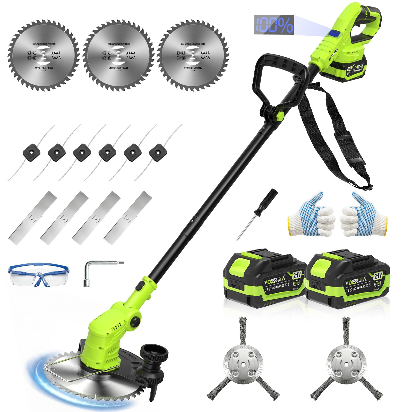 Photo 1 of VOERJIA 21V Lightweight Weed Wacker, Cordless String Trimmer & Brush Cutter with Edging Wheels, 4-in-1 Electric, 2x 4.0Ah Battery & LCD Display & Strap, Foldable Edger with Wire Brush for Patio & Yard
