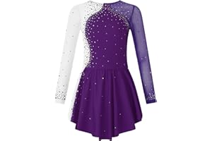 JEATHA Kids Girls Figure Ice Skating Dress Leotard Gymnastics Long Sleeve Color Block Mesh Rhinestones Dance Costume