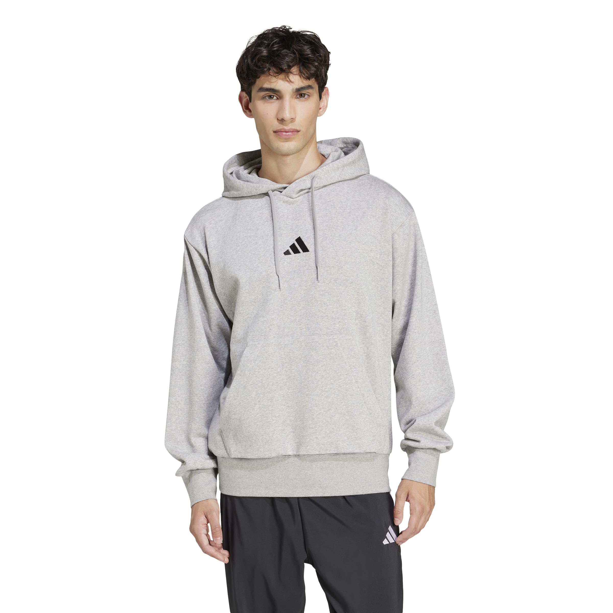adidas Men's Essentials Feel Cozy Fleece Hoodie, Medium Grey Heather/Black, Large/Tall Image