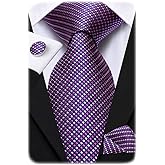 Hi-Tie Mens Plaid Ties Classic Paisley Necktie with Handkerchief Cufflinks Set Business Stripe Tie