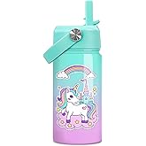 Unicorn Water Bottle - Kids Water Bottle with Straw Lid - 12 Oz Insulated Stainless Steel Ocean Water Bottles for Kid Girl- Travel Cup for School Sports