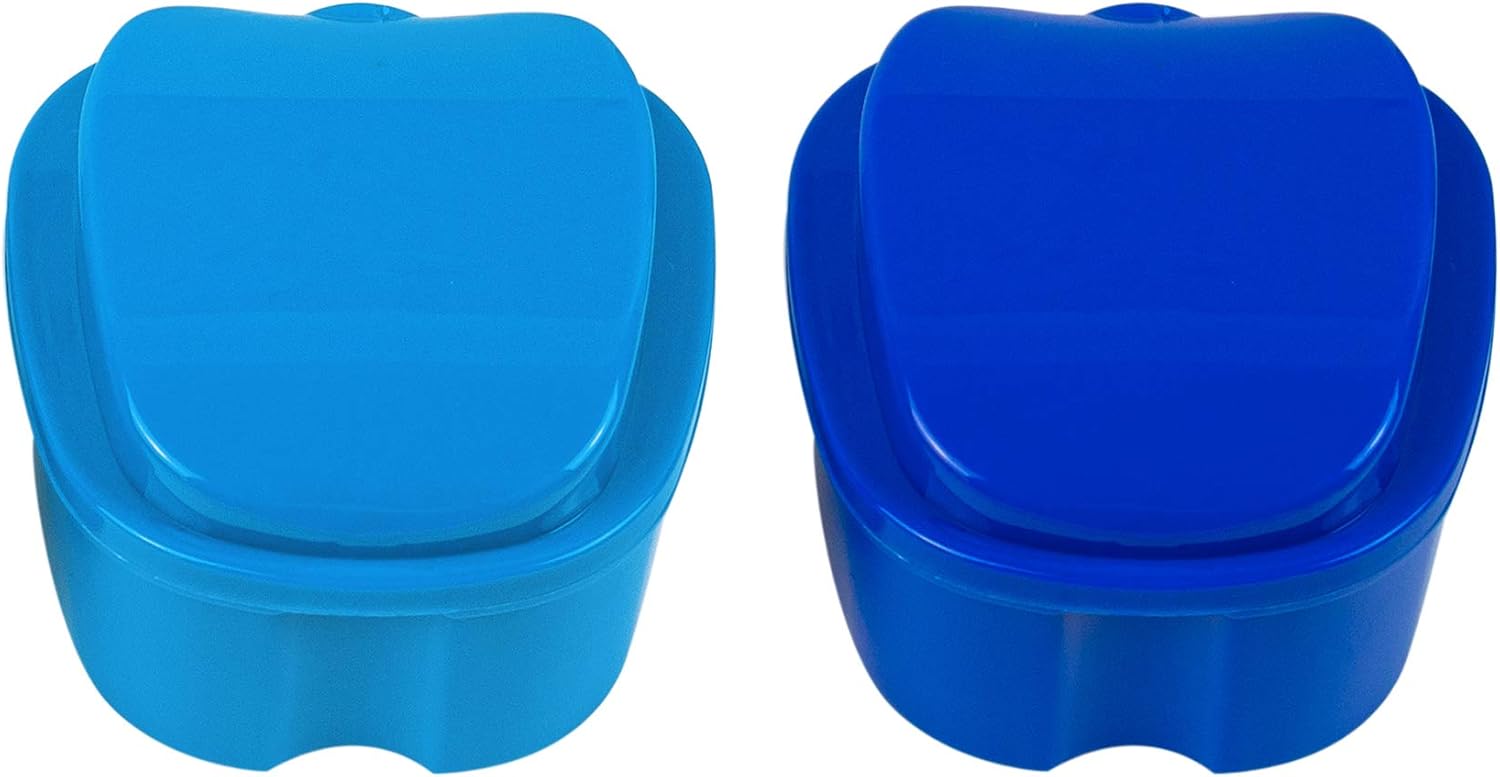 AUEAR, 2 Pack Denture Box with Basket Dark Blue and Light Blue Plastic Denture Box with Net Container for Home Travel: Health & Personal Care