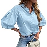 Tankaneo Womens Half Puff Sleeve Button Down Shirts Cotton Loose Fit Tops Summer Dressy Casual Blouses