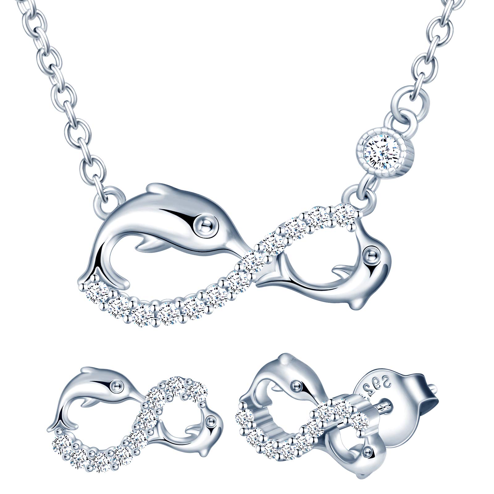 Yumilok Solid 925 Silver Jewellery Set Infinity Dolphin Earrings Necklace for Women