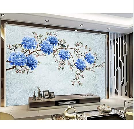 Amazon Wuyyii カスタム壁紙青と白の磁器の手描きのブラシの花鳥新しい中国のシンプルなテレビの背景3 Dの壁紙 壁紙