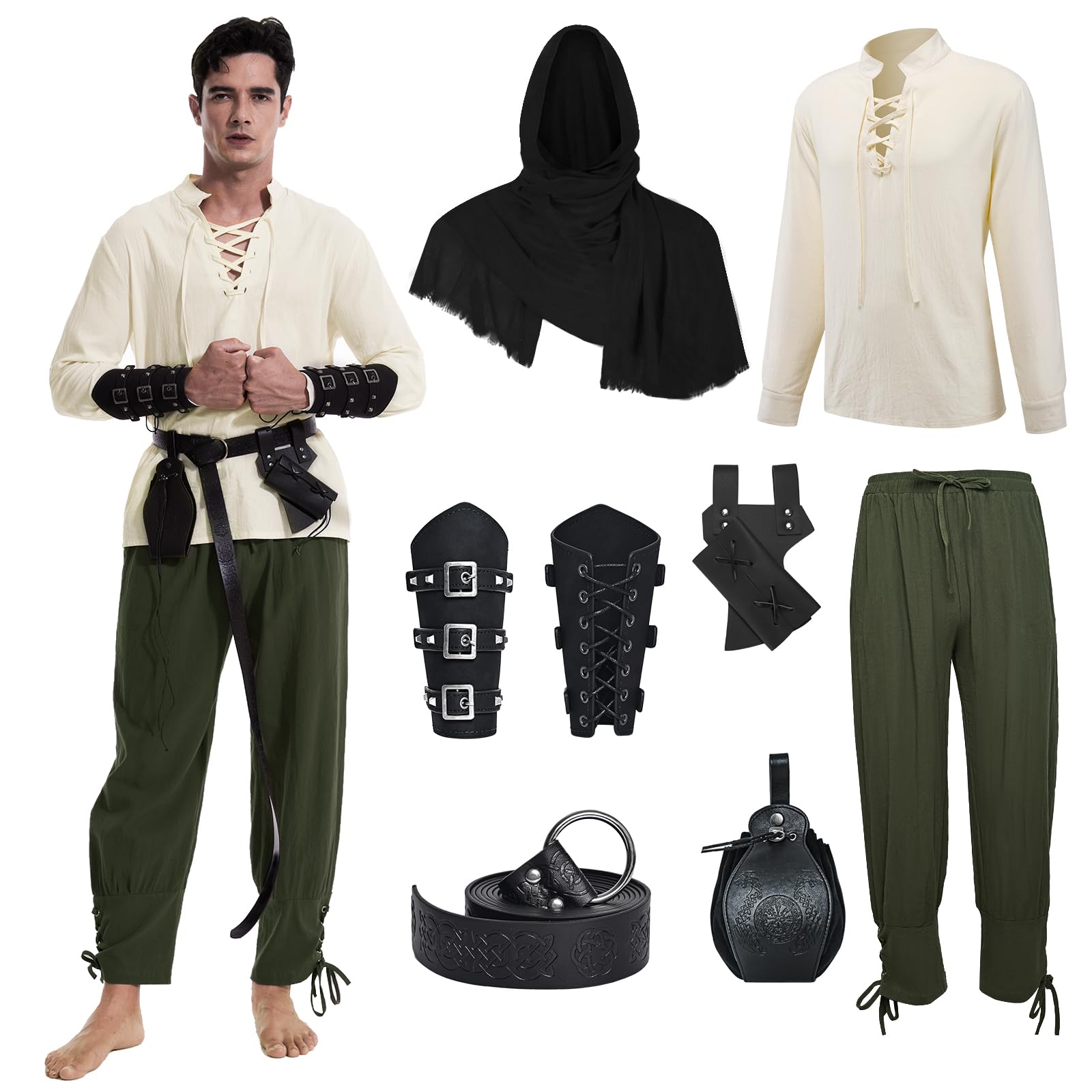 MVFEUIJ Men's Medieval Clothing Renaissance Viking Pirate Shirt Gothic Lace-up Shirt and Pirate TrousersBelts Waist bags Arm guards Set (Green, S) — image 1