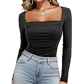 Beluring Women Square Neck Shirt Going Out Long Sleeve Sexy Ruched Tops Tee Tshirt