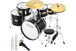 Drum Set Eastar 16 inch 5-Piece, Junior Drum Kit for Beginners Kids Teenagers with Adjustable Throne and Cymbal, Pedal & Drumsticks, Metallic Black (EDS-350MBK)