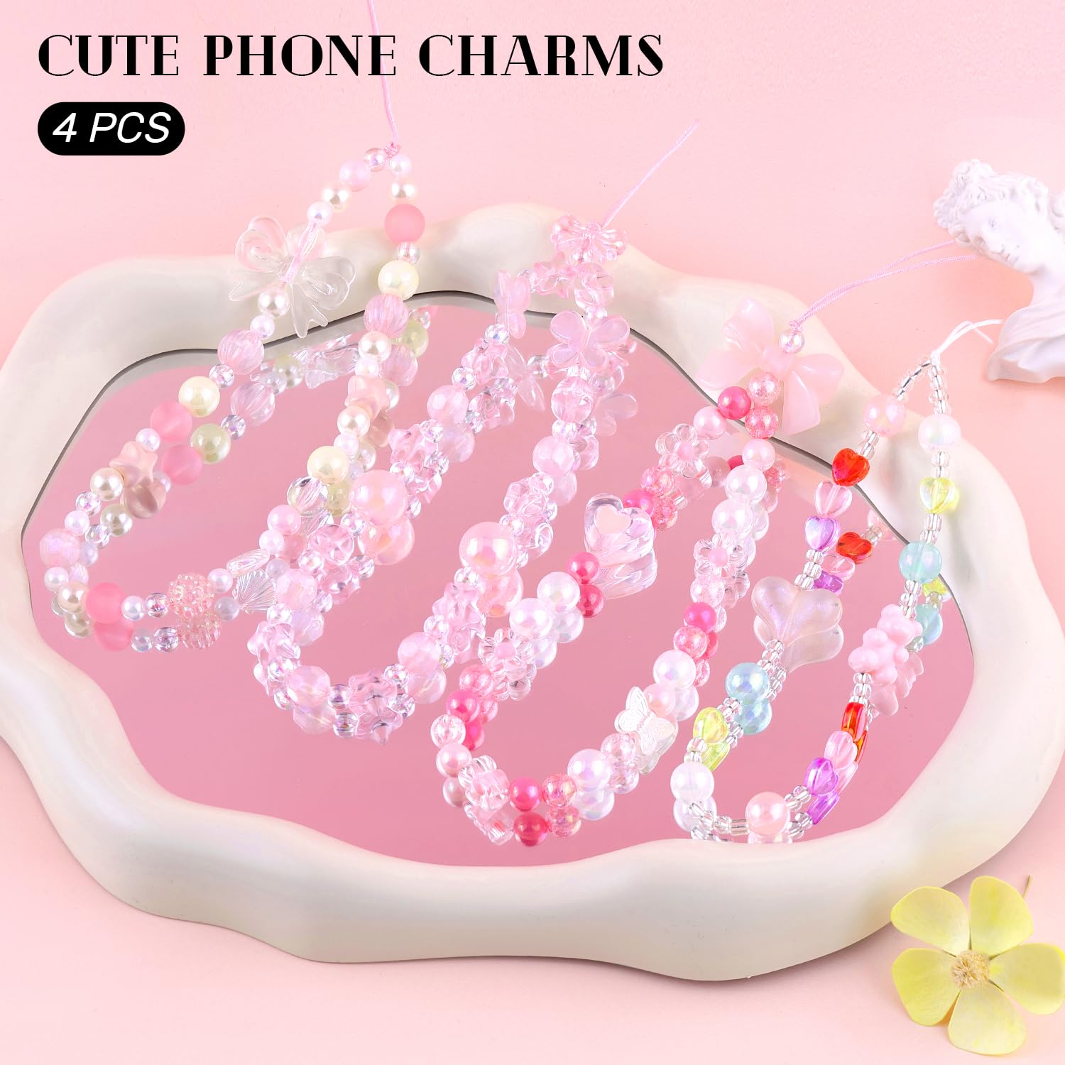 4 PCS Cute Phone Charms Aesthetic Y2K Cellphone Wrist Strap Bedazzling Bear Bow Butterfly Heart Star Flower Accessories Pink Beaded Anti-Theft Chain String for Bag Keychain Airpods Decor