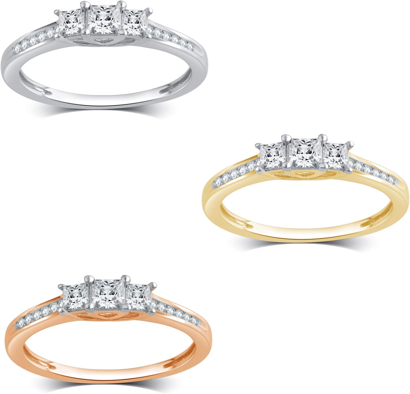 DiamondMuse Three Stone Round & Princess Engagement Ring in 10K Gold (1/4-2.00 Cttw, I-J Color, I2-I3 Clarity)