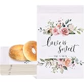 Whaline 150Pcs Wedding Favors Candy Buffet Bags Self-Adhesive Love Is Sweet Wedding Treat Bags Pink Floral Pattern Cookie Snack Bag White Kraft Paper Party Favor Bag for Gifts, 5.1 x 7.1 Inch