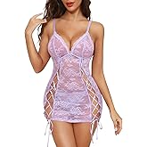 Aranmei Lingerie for Women Sexy Lace Babydoll Lingerie V Neck Strap Mesh Chemise Sleepwear S-XXL