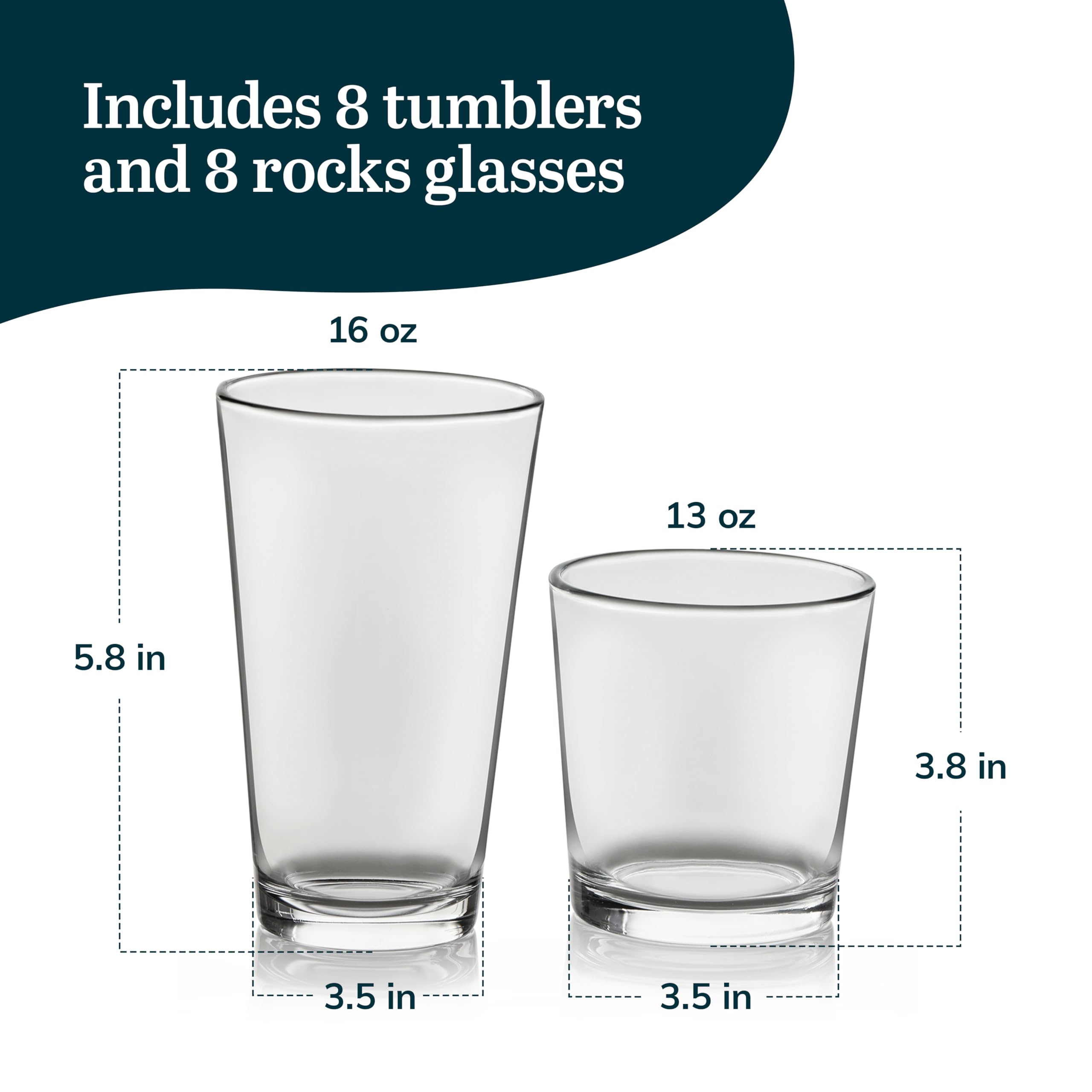 Libbey Flare Tumbler and Rocks Glasses Set, Stylish Lead-Free Drinking Glasses Set of 16, Versatile Dishwasher Safe Kitchen Glassware Set for Parties