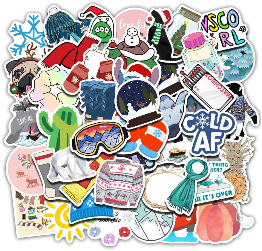 Cute Stickers for Water Bottles, 50 Pack Waterproof Laptop Stickers Trendy Aesthetic Stickers for Guitar, Laptop, Luggage, Skateboard, Stickers for Kids,Girls,Teens,Adults (Winter)