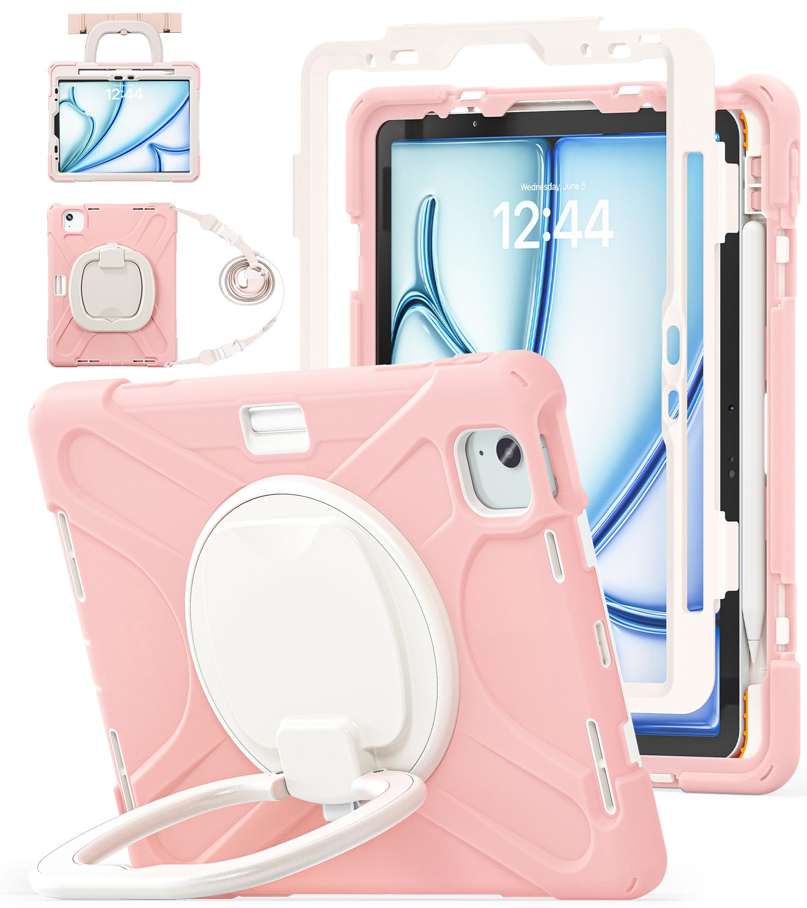 Photo 1 of BATYUE Case for iPad Air 11-inch M3 (2025) / M2 (2024), iPad Air 5th/4th 10.9 inch(2022/2020), iPad Pro 11" 4th/3rd/2nd/1st, Kids Cover with 360° Rotating Stand, Pencil Holder, Carrying Strap, Rose