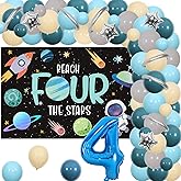 Space Birthday Decorations for Boys Reach Four The Stars Backdrop Balloon Arch Kit Outer Space 4th Birthday Decors Galaxy Astronaut Spaceman Fourth Bday Party Suppies