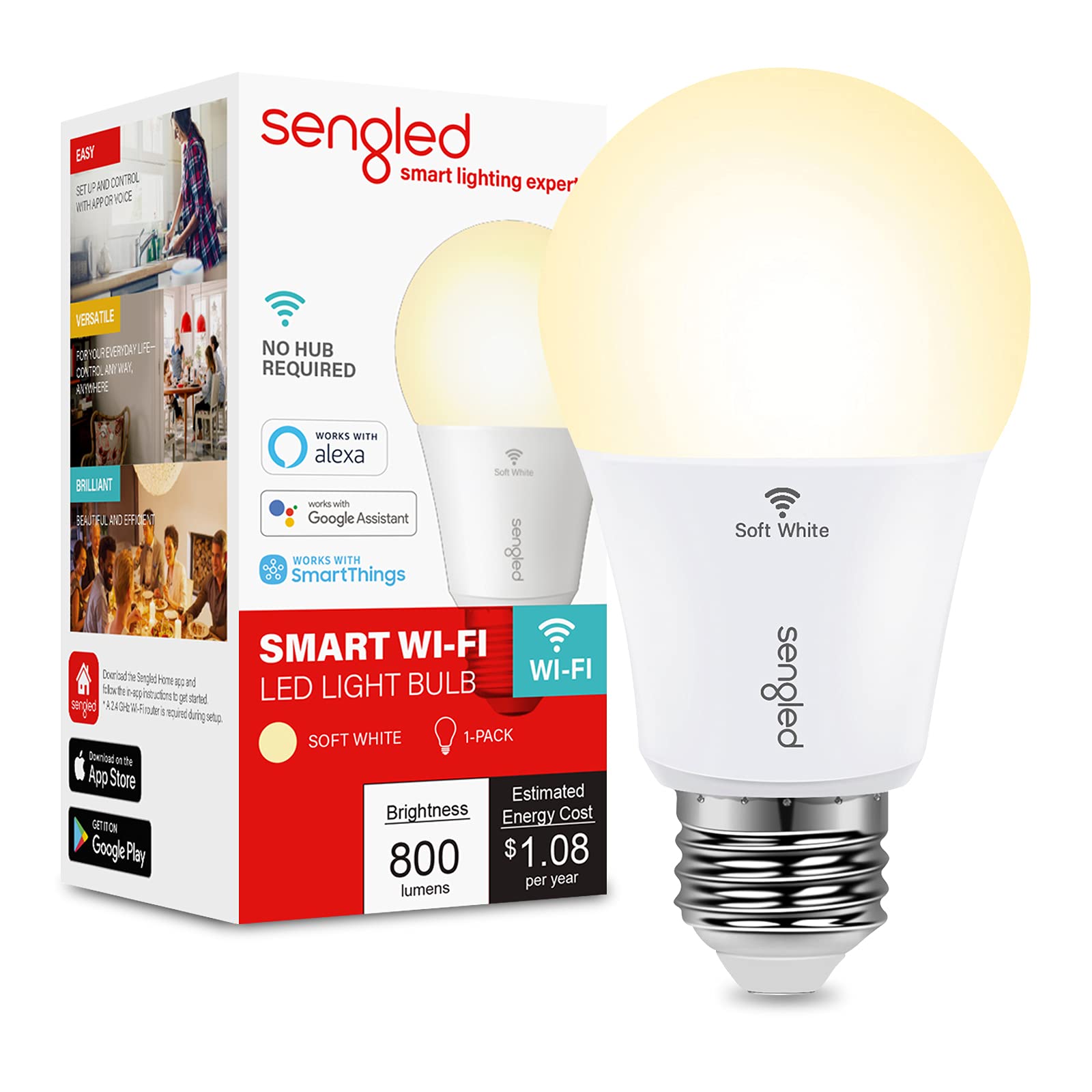 Photo 1 of Sengled Alexa Light Bulb, WiFi Light Bulbs No Hub Required, Smart Bulbs that Compatible with Alexa, Google Home, Dimmable Smart LED Bulb, A19 Soft White (2700K), 800LM 60W Equivalent, 1 Pack
