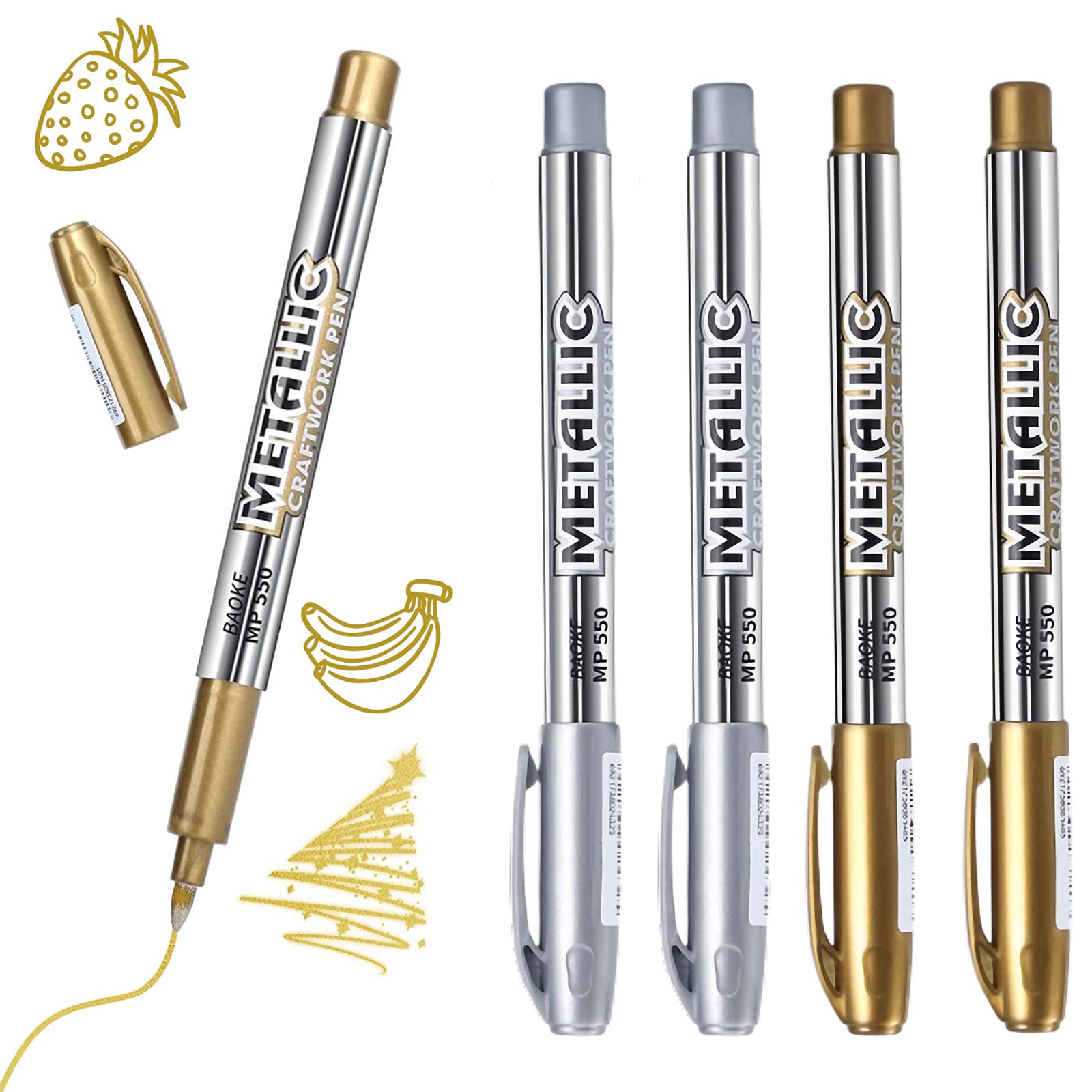 JEOPKO 4 Pcs Metallic Marker Pens, Metallic Pens Silver and Gold Writing Pen for Cards, Permanent Art Marker Pens for Card Making, Painting, Album