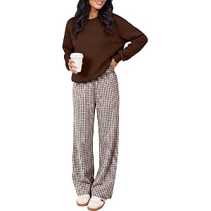 ANRABESS Two Piece Sets for Women Gingham Pants Lounge Set,Brown,L | Long Sleeve Sweatshirts Wide Leg Pants Fall Outfits, Tra