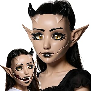 OIVZFZ Devil Mask with Movable Jaw, Horn Elf Ears Halloween Cosplay Mask for Women