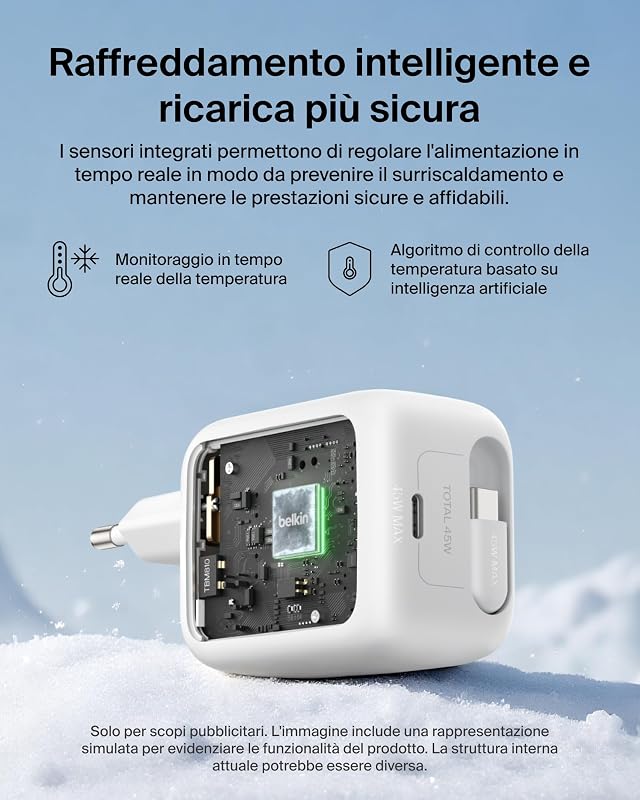 UltraCharge Caricatore USB C da 45W con Cavo USB-C Retrattile da 0,8m e Porta USBC, Carica Batterie Cellulare Rapido per iPhone 17/16 Series, Galaxy S26 Series, AirPods, Tablet, MacBook, Laptop