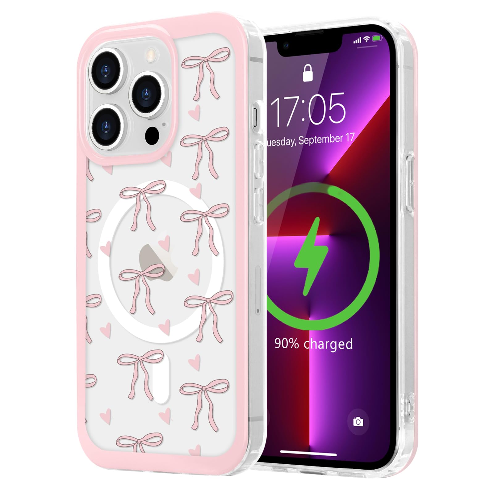 LCHULLE Magnetic for iPhone 13 Pro Case Cute Pink Bows [Compatible with Magsafe] Clear Ribbon Bowknot Pattern for Women Girls Hard Back Cover Shockproof Phone Case for iPhone 13 Pro, Solid Heart