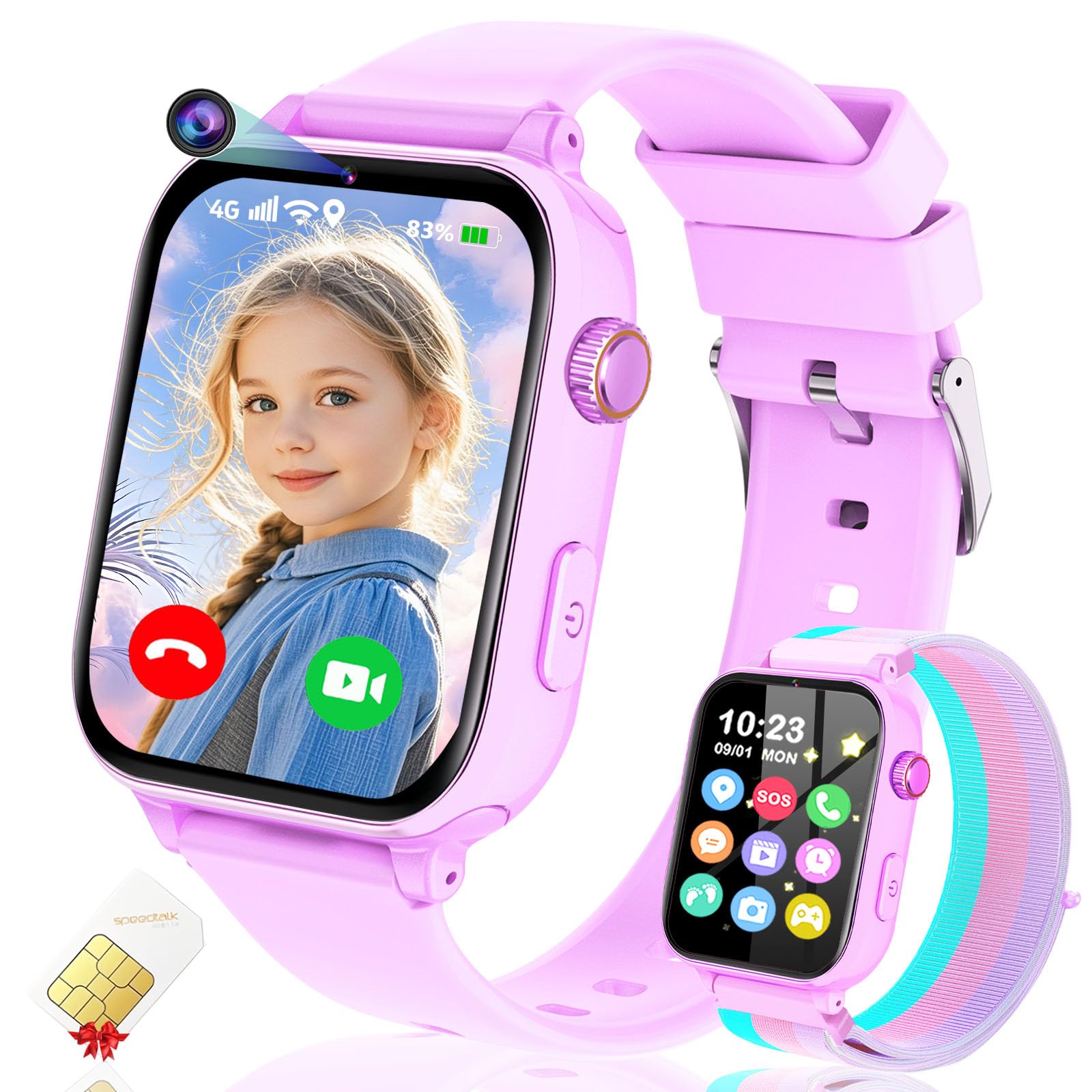Photo 1 of 4G Kids Smart Watch GPS Tracker, Smartwatch for Kid with Video Calling, Voice Chat, Class Mode, SOS , Pedometer, Alarm, Games, SIM Card HD Touch Screen Phone Watch Gift for 4-12 Girls Boys, Purple