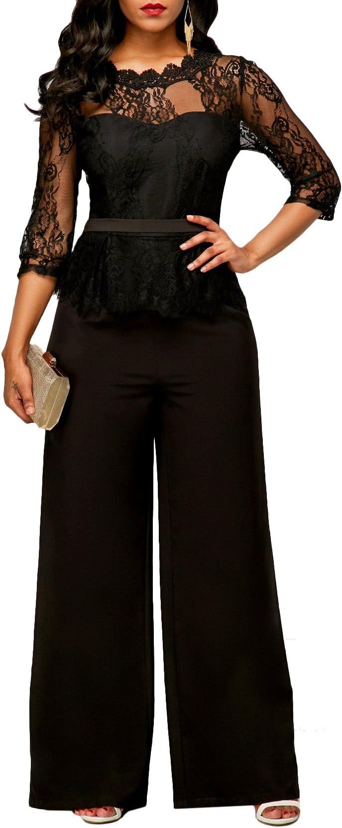YIFAN DREAM Women's Jumpsuit Lace Shirt Long Sleeve Playsuit Fashion High Waist Wide Leg Pants Trousers Romper Elegant Party Evening for Women