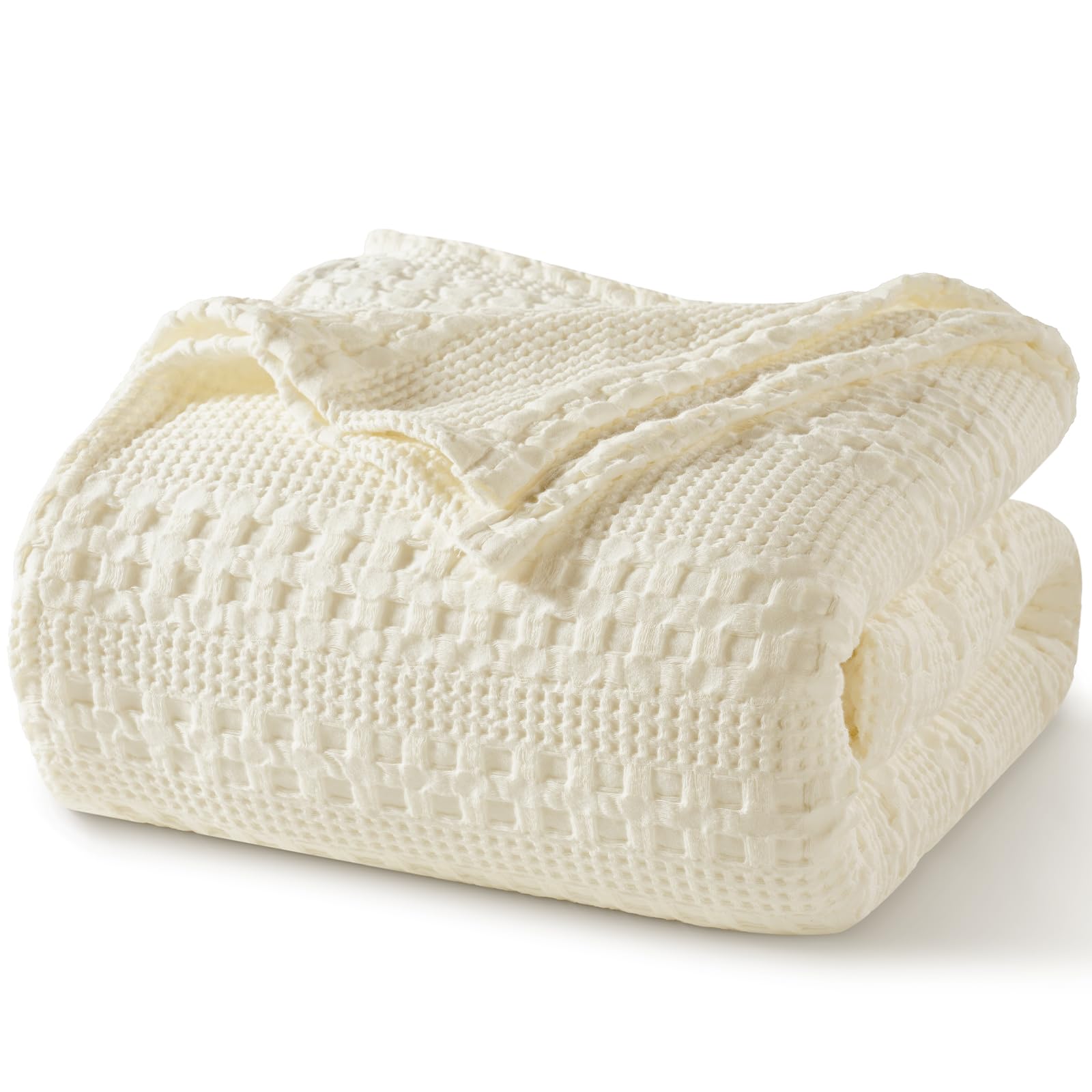 Photo 1 of PHF 100% Cotton Waffle Weave Blanket Queen Size, Soft Lightweight Breathable Cozy Summer Blankets for Bed, Luxury Aesthetic Woven Bedding for Home Decor, 90"x90", Cannoli Cream