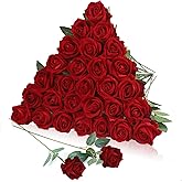 LPREUTWN 30pcs Fake Roses Artificial Silk Flowers Long Stems Bouquet for Wedding Bridal Shower Party Home Decoration (Burgundy)