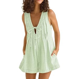 TAQCUX Womens Gingham and Striped Sleeveless Romper with V-Neck Tie Front | Smocked Lightweight Cotton Blend Overalls Jumpsui