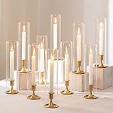 Romadedi Hurricane Candlestick Holders Gold - 10 Pcs Taper Candle Holders Bulk Tall Clear Glass Cylinder for Wedding Table Centerpieces Party Decor Birthday Christmas Home Decorations