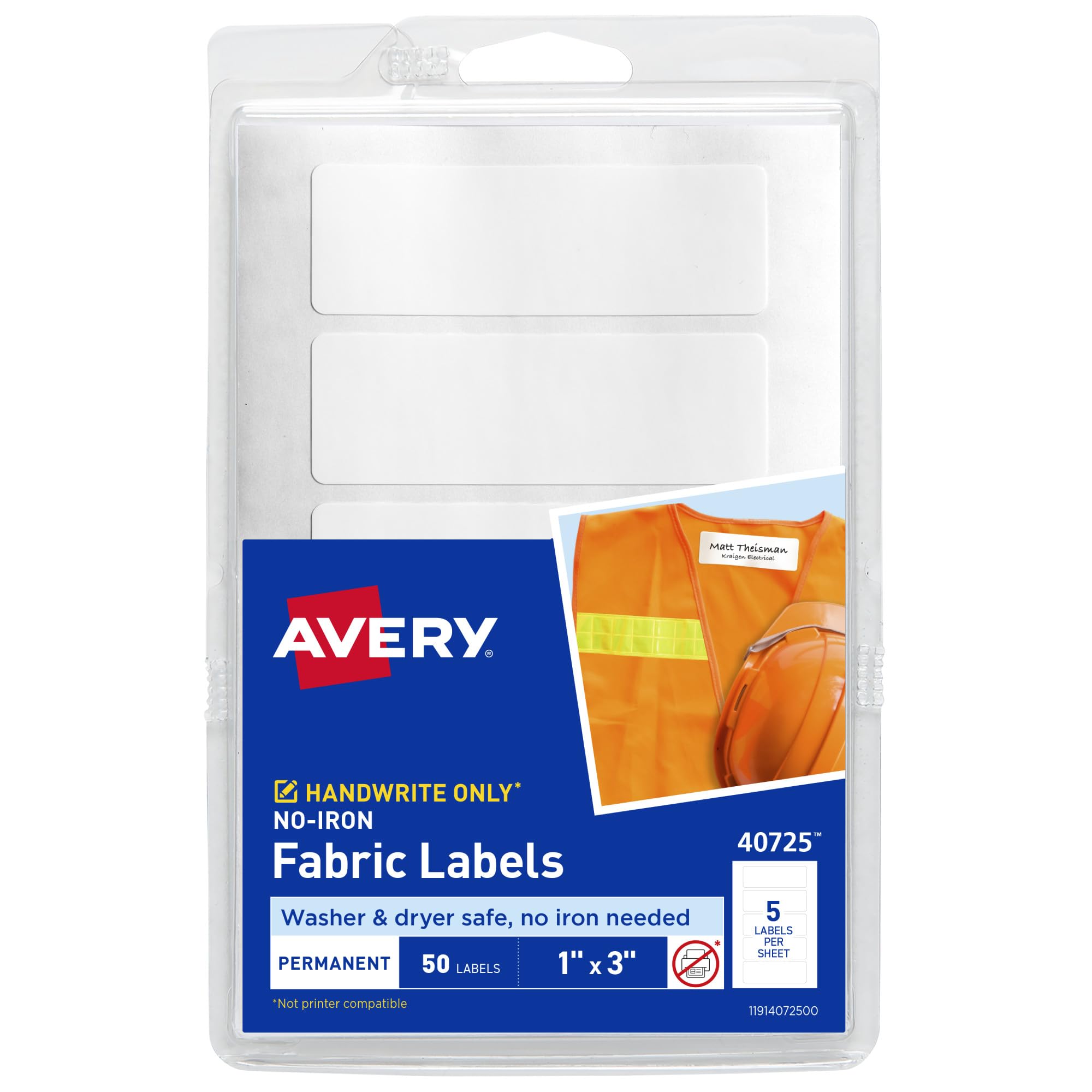 Avery No-Iron Fabric Labels, 1" x 3", Washer and