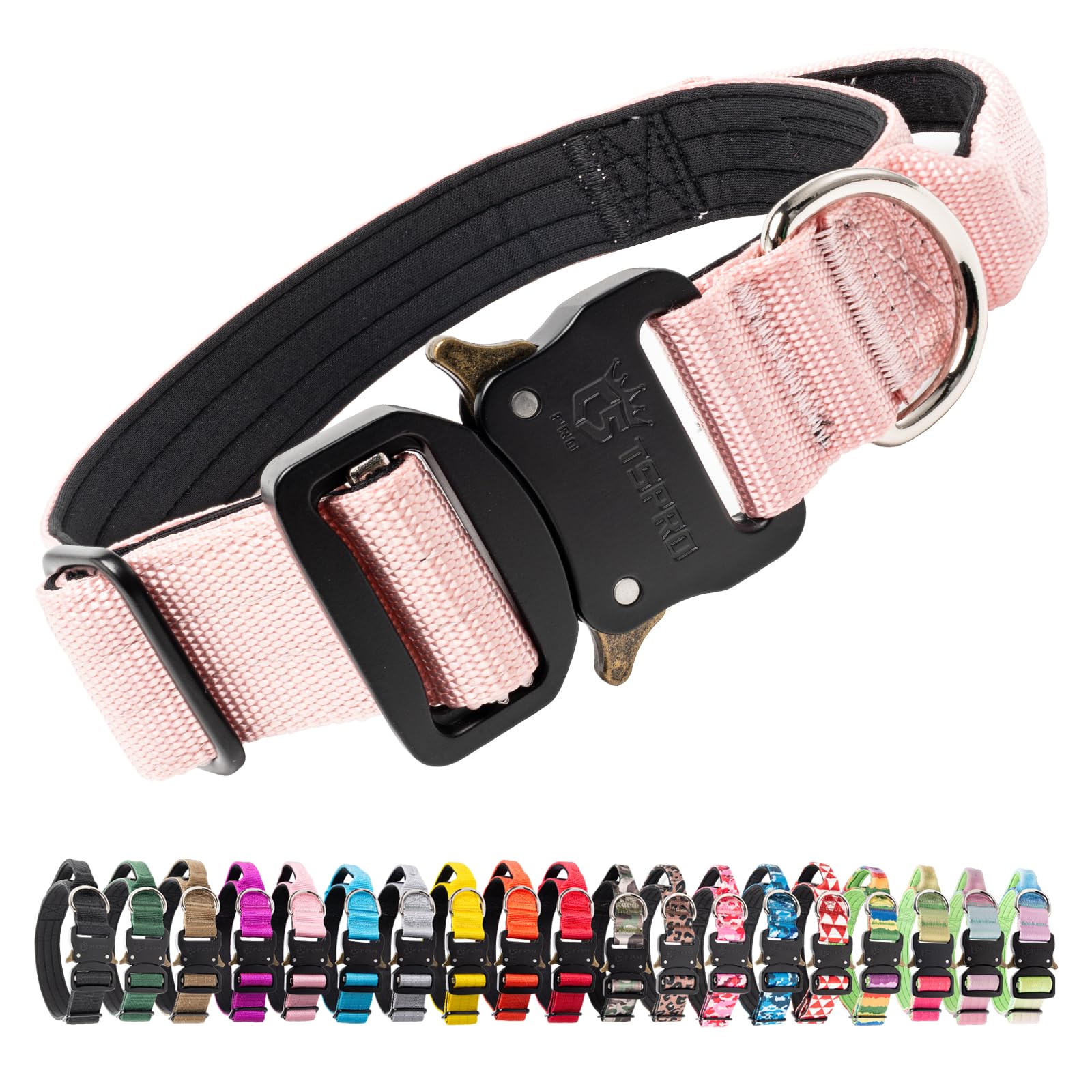 TSPRO Tactical Premium Dog Collar with Handle & Heavy Duty Quick Release Metal Buckle, Adjustable Thick Strong Collar for Medium Large Dogs (Pink, M)