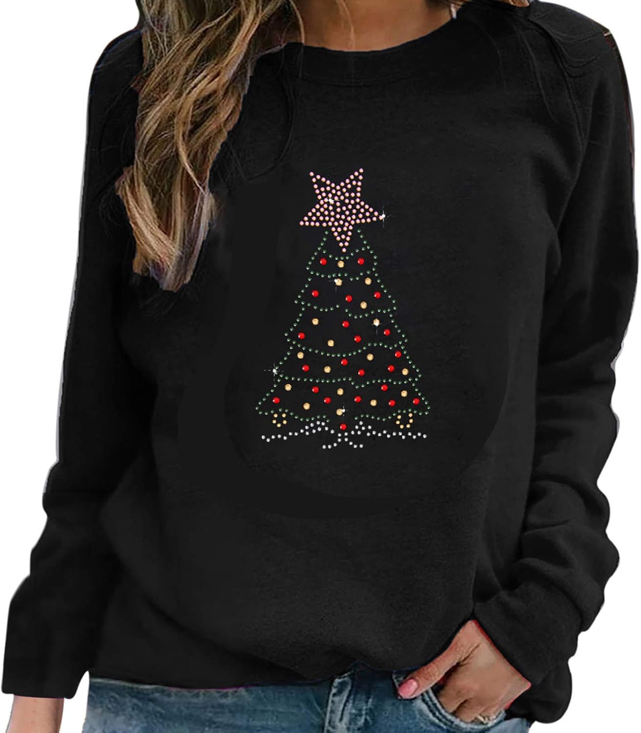 Fhuuly Women's Christmas Tree Rhinestone Jumper Casual Long Sleeve Top