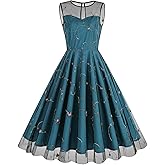 Women's Flower Embroidery Tulle Prom Dresses Floral Embroidered Tulle Dress for Women Homecoming Dresses Mesh Floral Dresses Short Vintage Cocktail Dress Knee Length Tea Dress Peacock Blue-Floral L