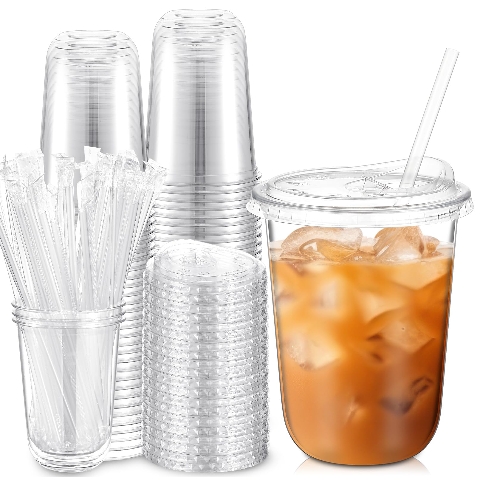 Photo 1 of Ziliny 16 oz Clear Plastic Cups with Sip Lids & Straws, Disposable PET Crystal Iced Coffee Cups with Lids for Coffee Smoothie, Milkshake, Cold Drinks