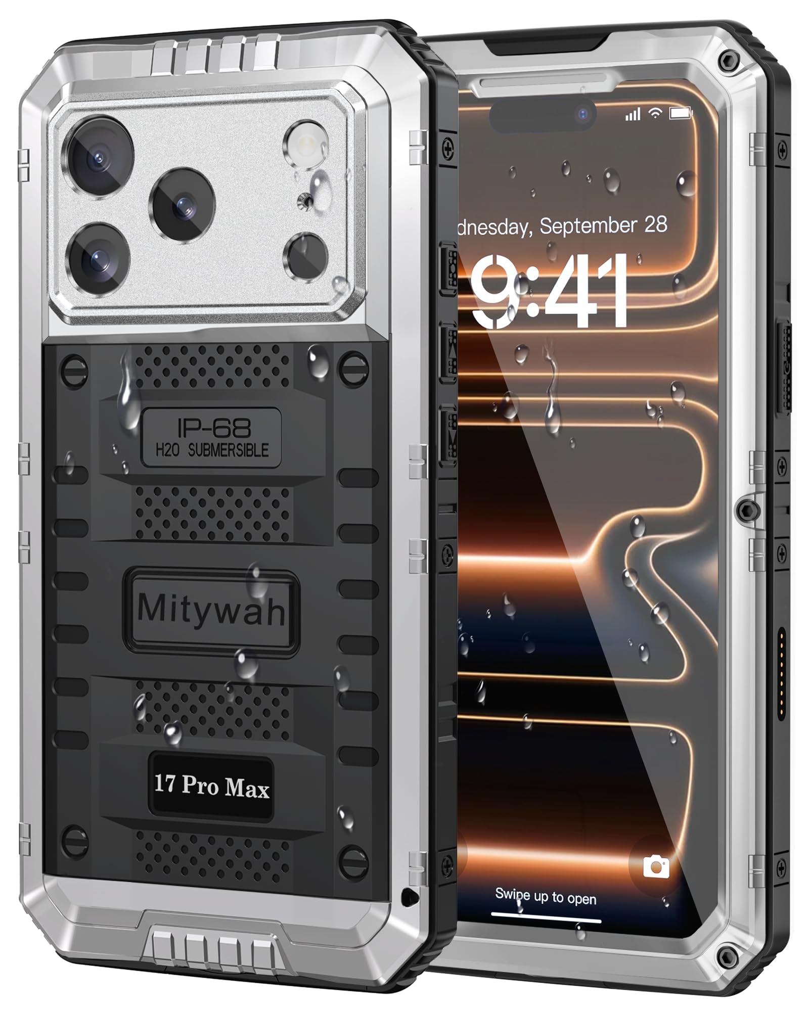 Mitywah Waterproof Case for iPhone 17 Pro Max, Rugged Metal Case with Built-in Screen Protector, Heavy Duty Full Body Shockproof Protective Cover 6.9 inch, Silver