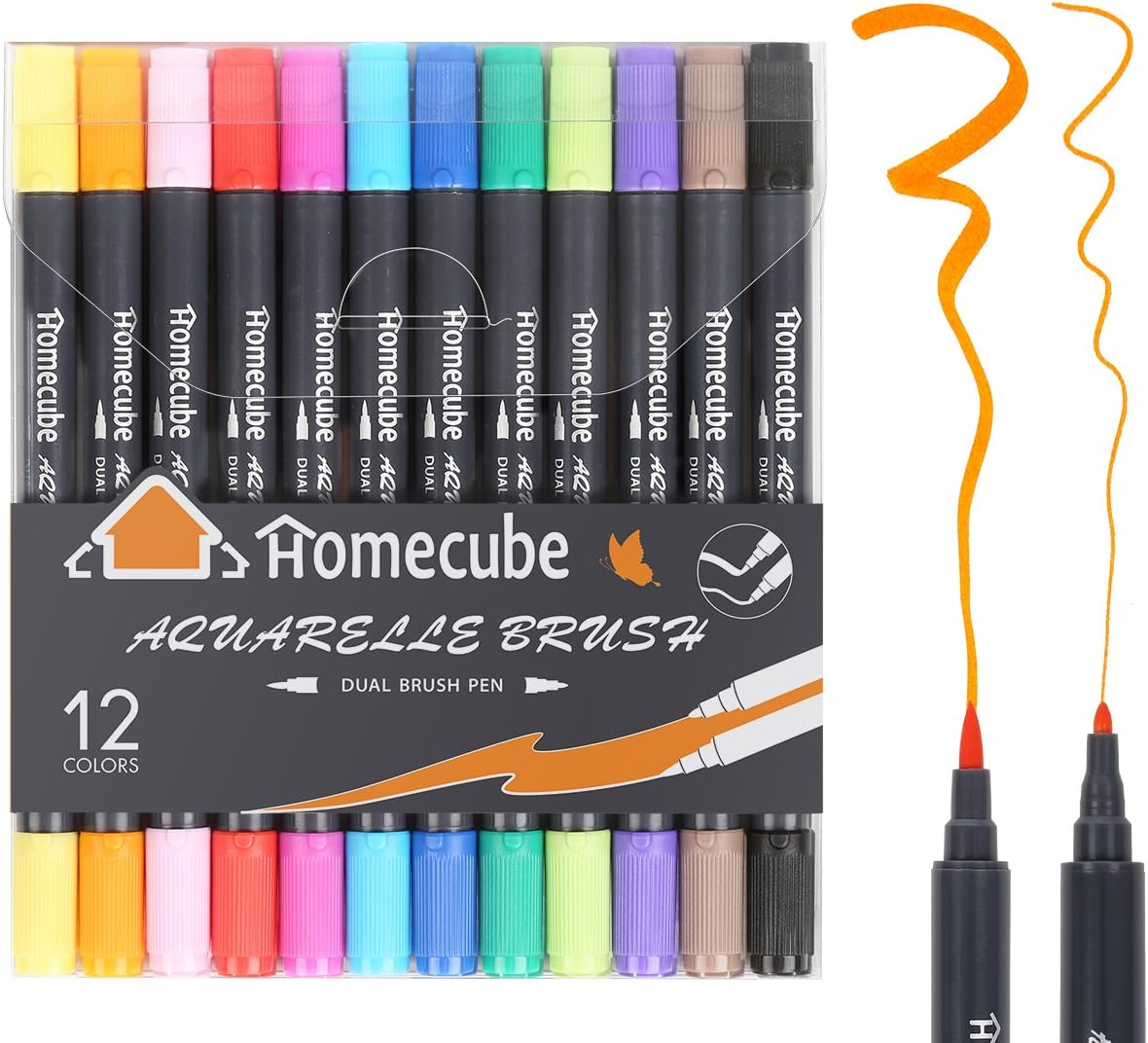 Dual Brush Pen Art Markers, Homecube 12 Colors Dual Tips Watercolour Brush Pen Set with Water Based Soft Brush Tip and Fine Tip for Drawing, Sketching, Painting and Creating Watercolour Effect