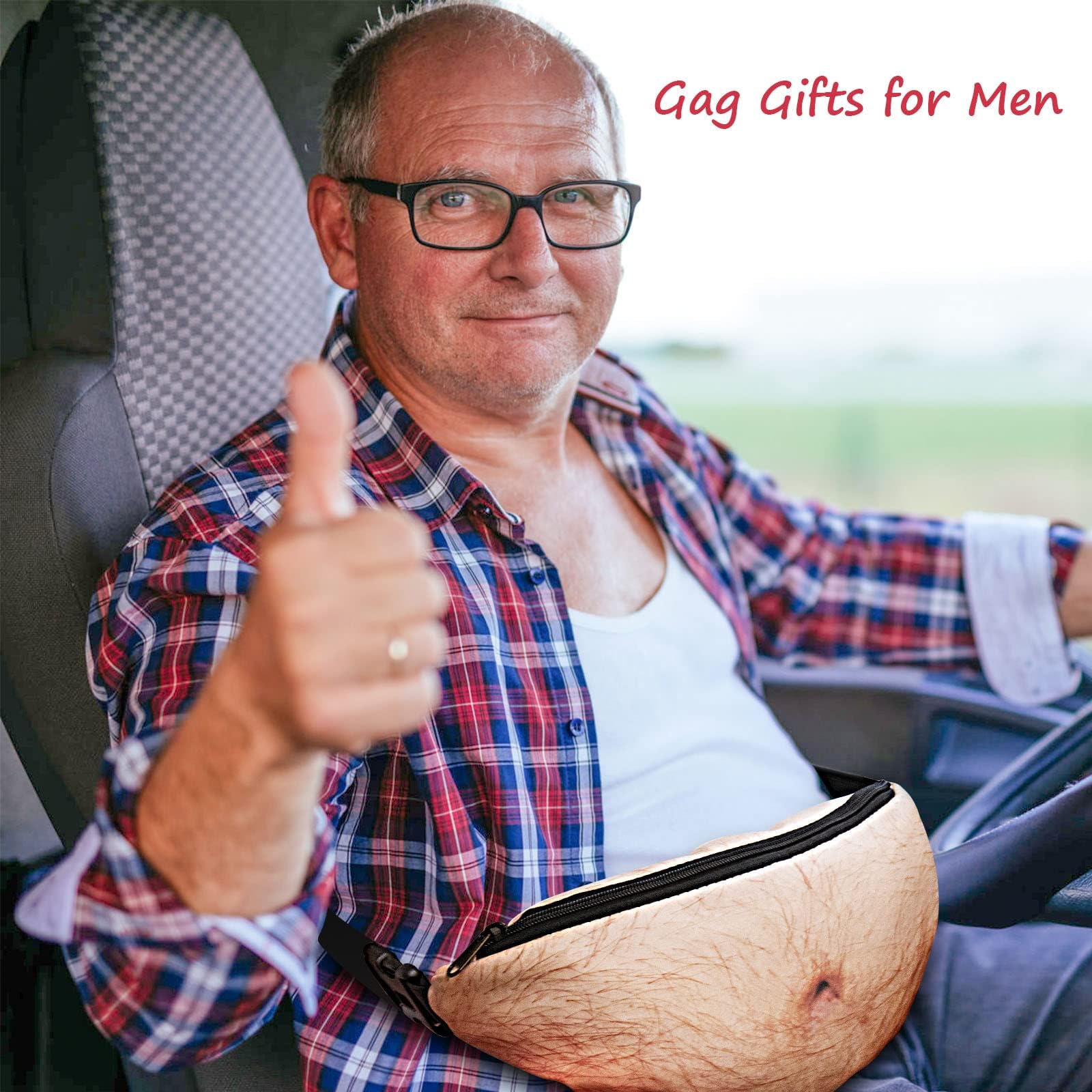 Bamomby Funny Gag Gifts White Elephant Gift Dad Belly Pack,Christmas Gag Gifts Exchange,Fake Belly 3D Waist Bag for Mom,Dad,Sister,Brother,Friends (Thin Hair)