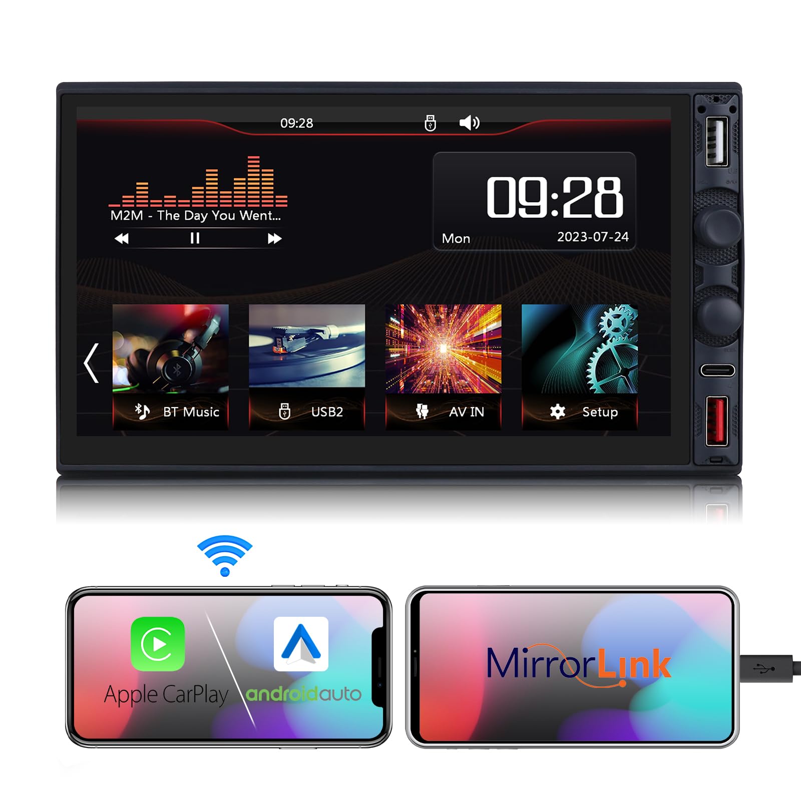 Hizpo 7 Inch Double Din Right Rudder Car Stereo Wireless Apple CarPlay/Android Auto, Mirrorlink/Mobile Charging, Bluetooth, USB Phones, Music Play, Car Navigation